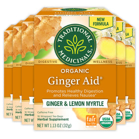 Traditional Medicinals Ginger Aid tea box front with organic, caffeine-free formula for gentle digestion