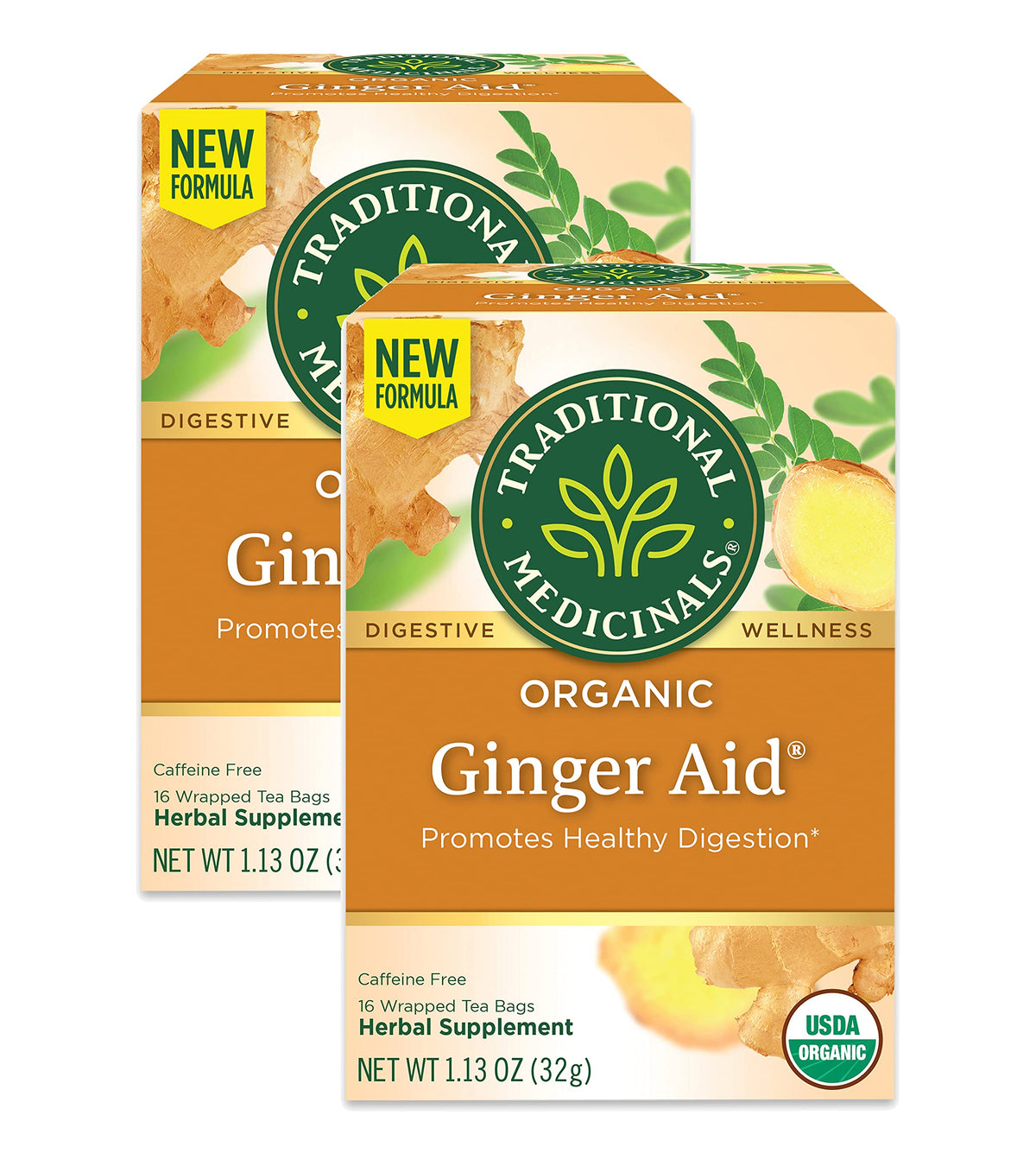 Traditional Medicinals Ginger Aid Tea box with sachets shown for easy digestion support.
