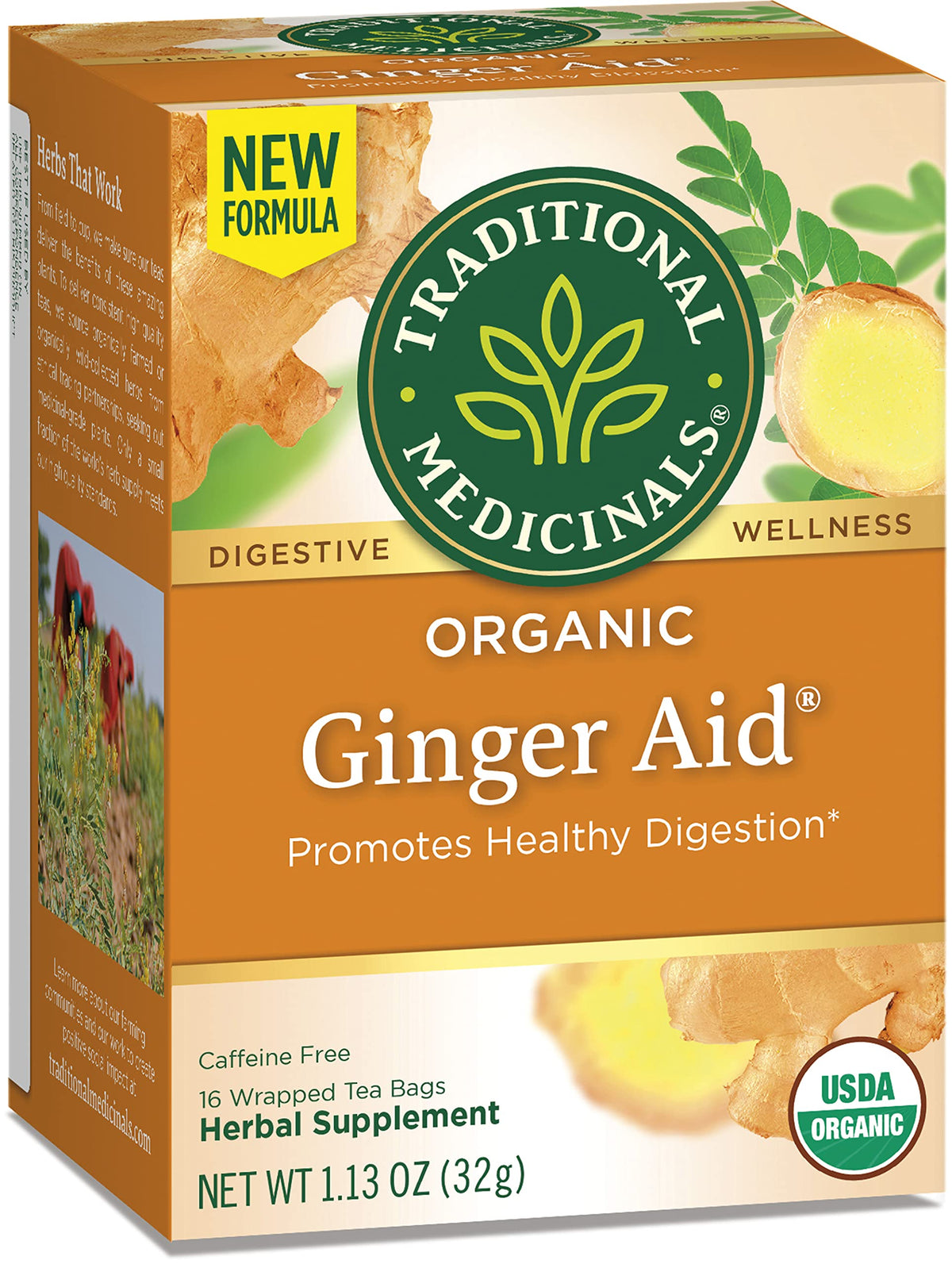 Traditional Medicinals Ginger Aid tea sachets stacked for quick brew.