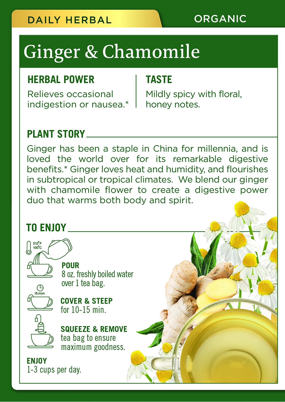 Traditional Medicinals Ginger & Chamomile tea cup steeped, warm aroma for calm evenings.