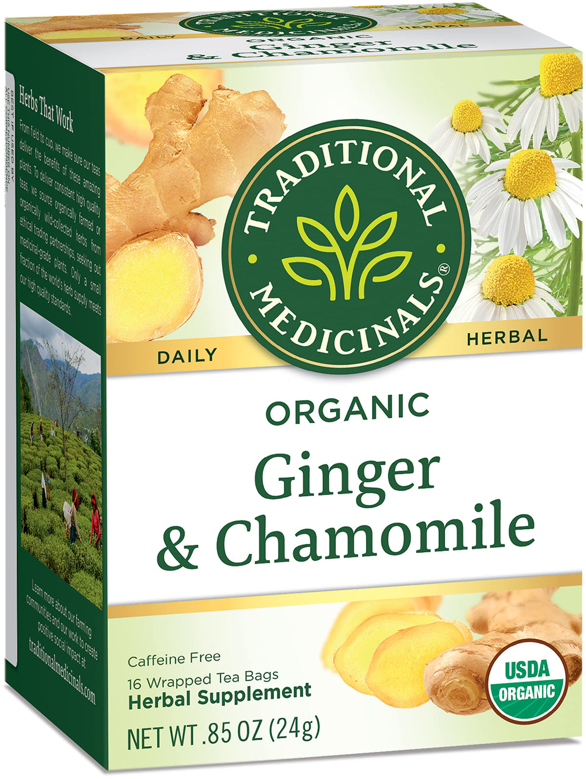 Traditional Medicinals Gift-ready packaging featuring ginger-chamomile tea for wellness moments.