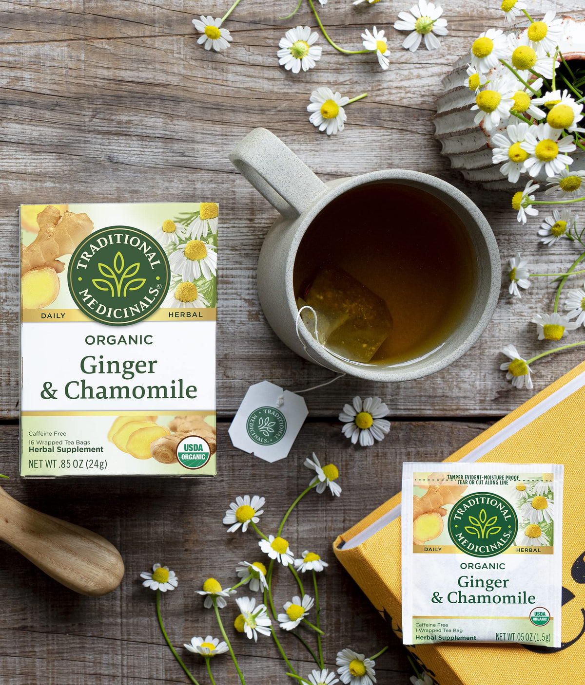 Traditional Medicinals Ginger & Chamomile tea arranged for morning routine with comforting warmth.