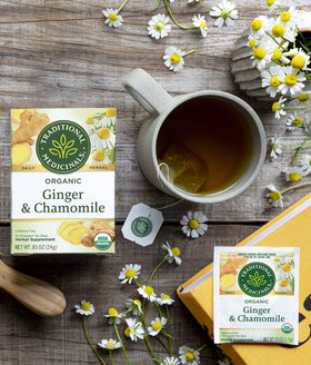 Traditional Medicinals Ginger & Chamomile tea arranged for morning routine with comforting warmth.