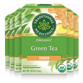 Traditional Medicinals green tea ginger tea bags: convenient daily infusion for gentle digestion.