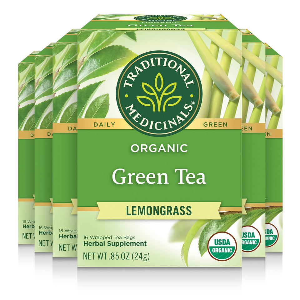 Traditional Medicinals Organic Green Tea Lemongrass packaging with eco-friendly design