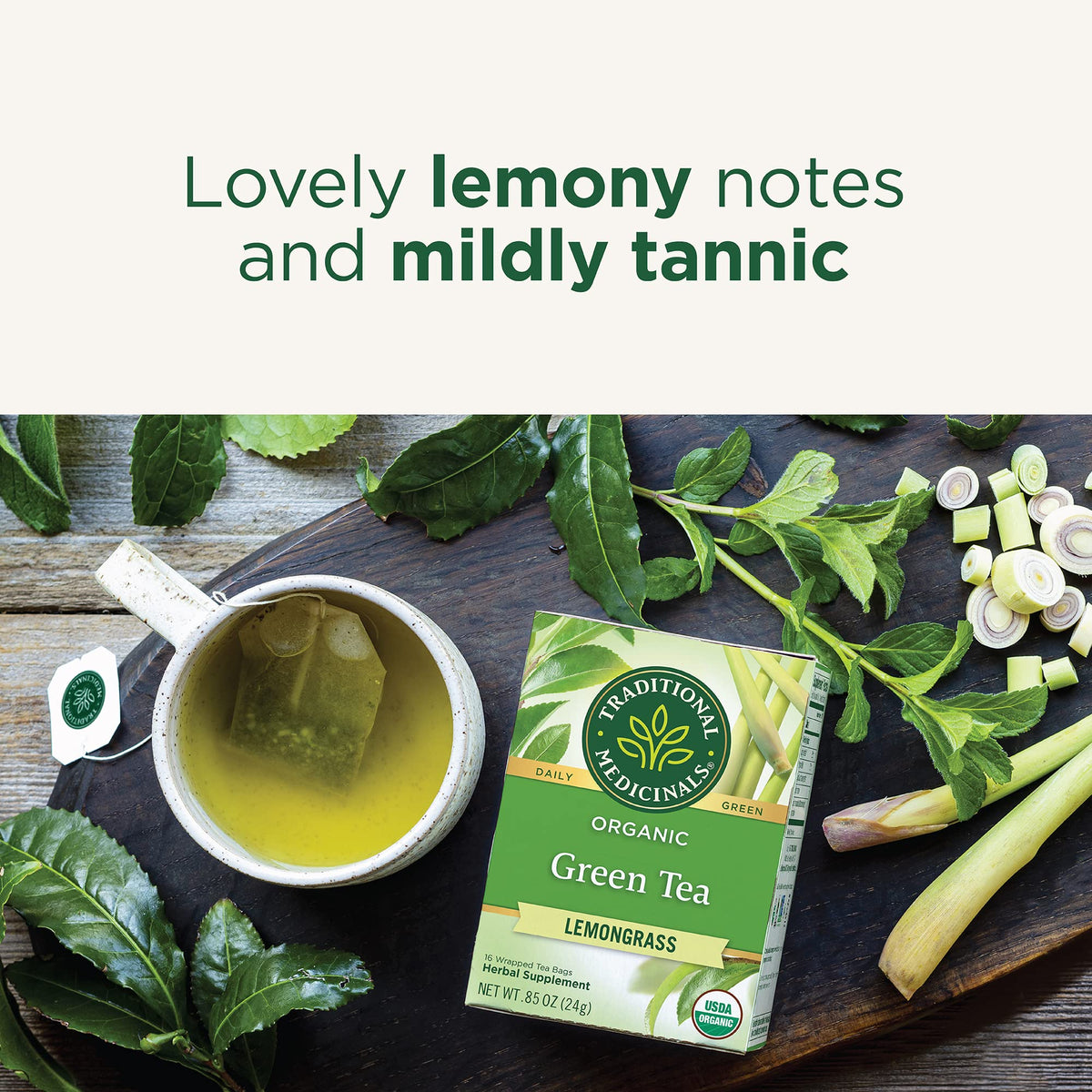 Traditional Medicinals Green Tea Lemongrass tea bags closeup highlighting convenient daily ritual