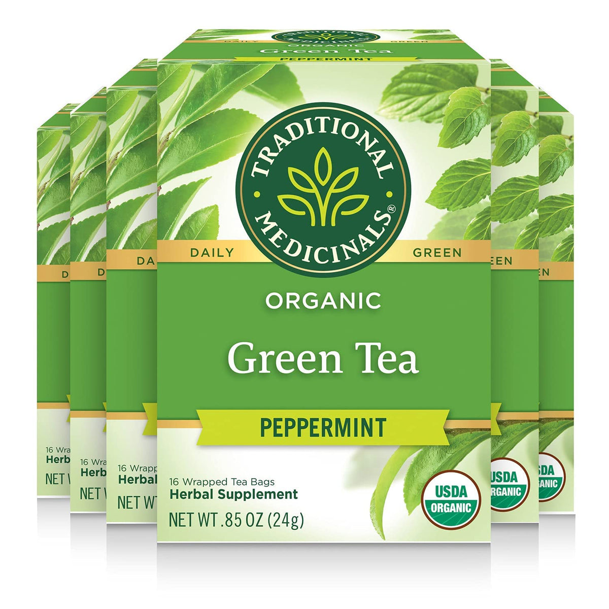 Traditional Medicinals green tea peppermint pack front promoting digestive support.