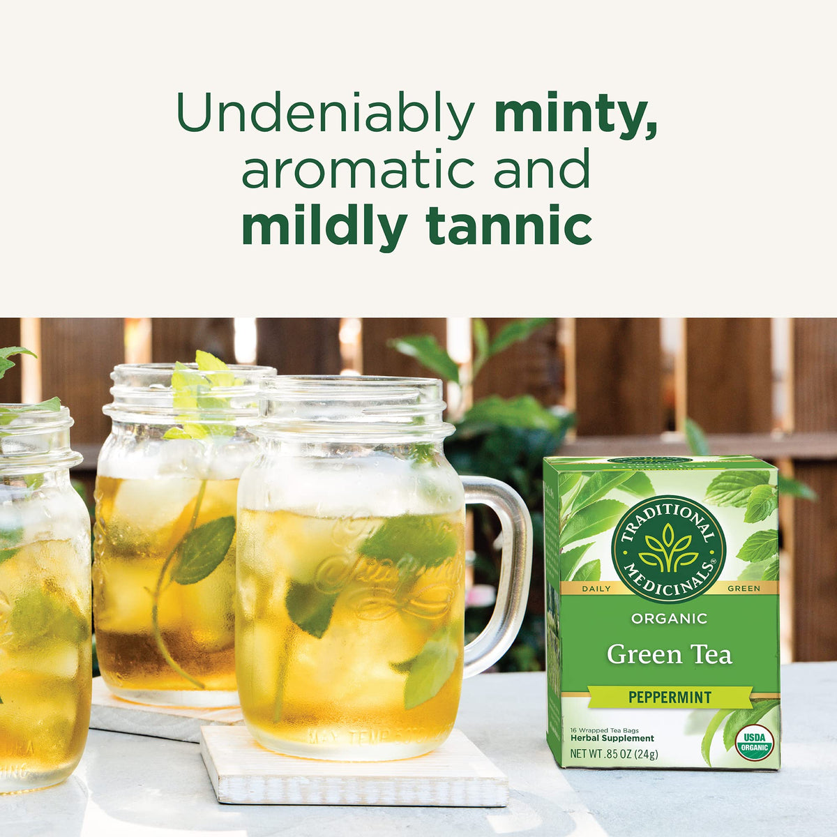 Traditional Medicinals green tea peppermint teabags close-up with minty aroma.