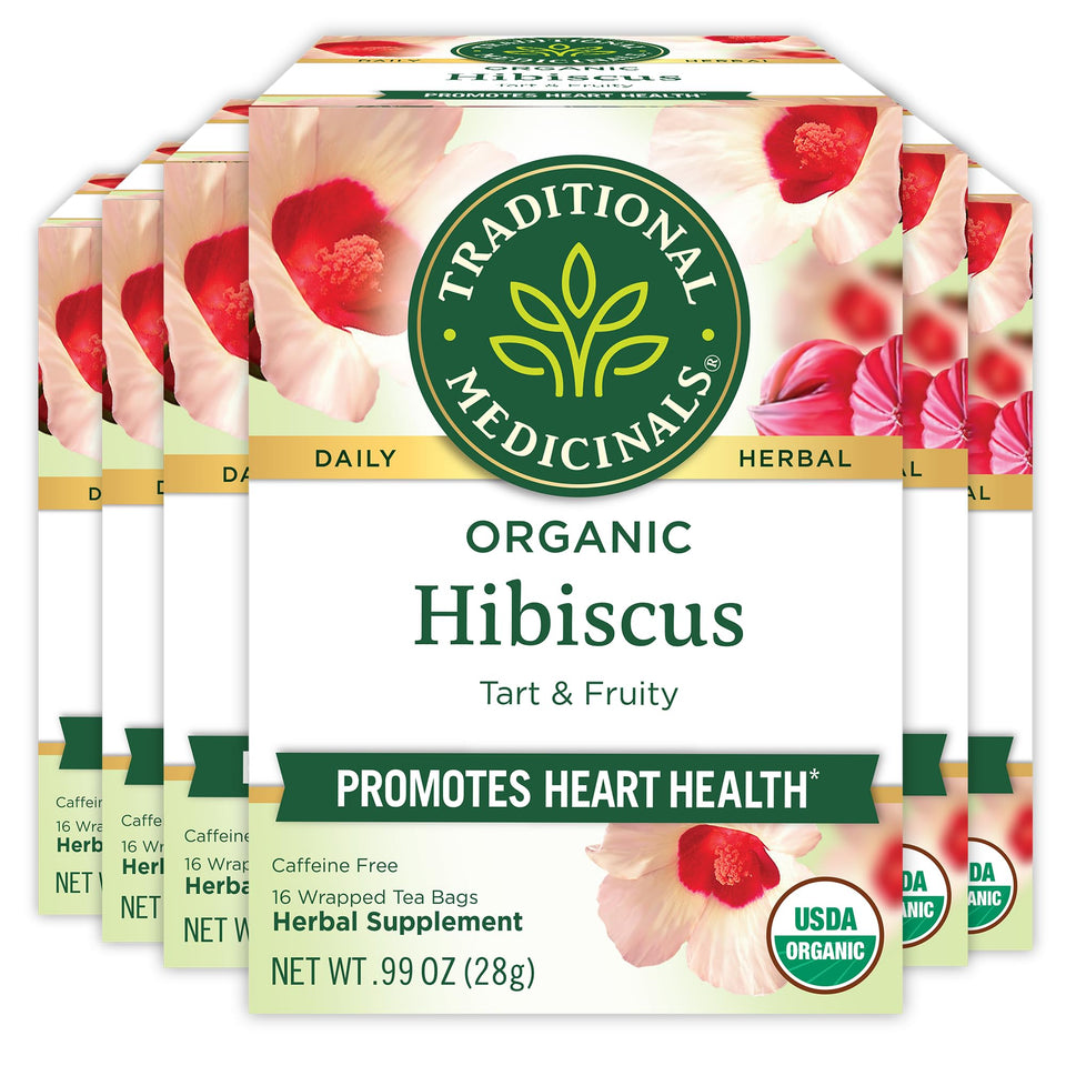 Traditional Medicinals hibiscus tea bags ready for brewing, caffeine-free option