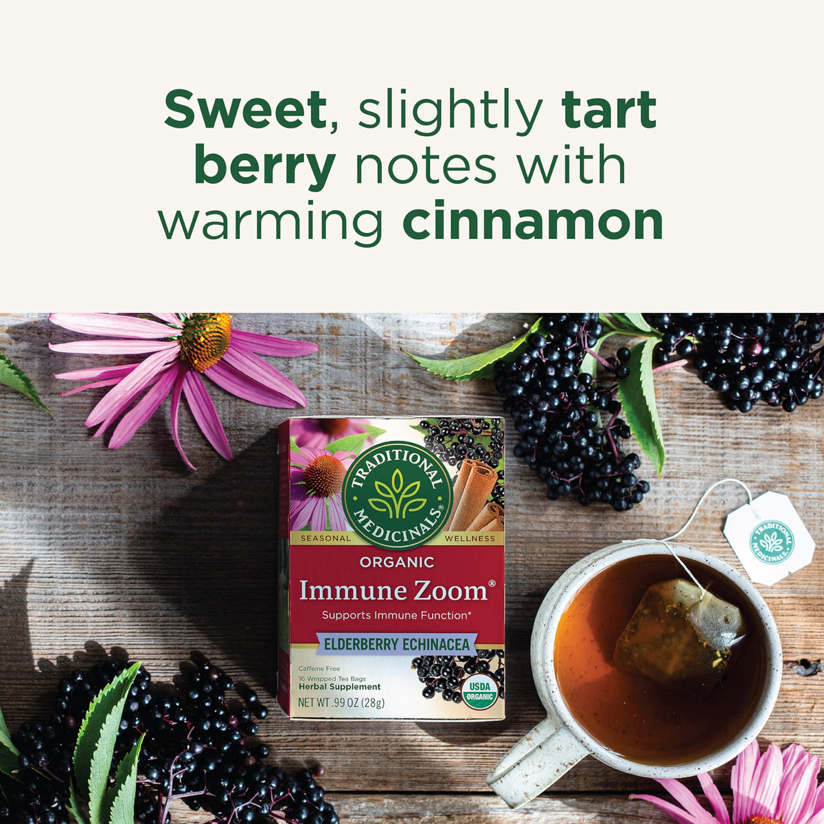 Traditional Medicinals Immune Zoom Elderberry and Echinacea ingredients close-up.