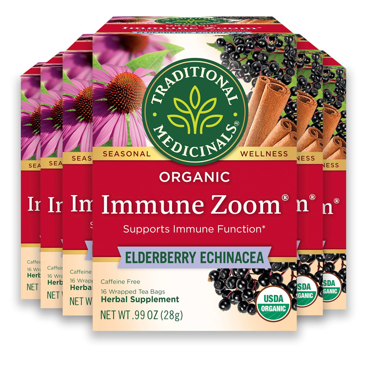 Traditional Medicinals Immune Zoom Tea pack front with 96 bags, convenient daily use.