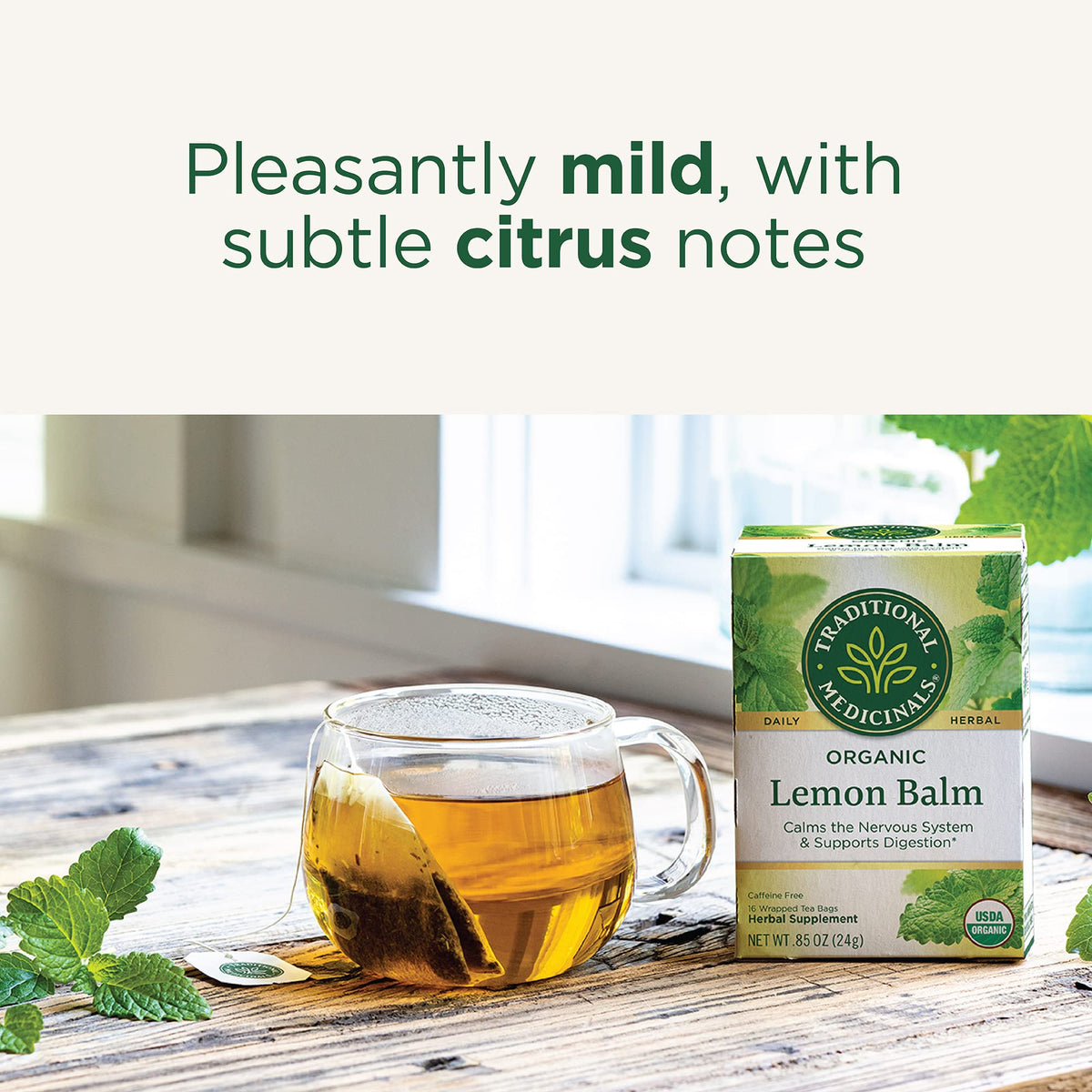 Traditional Medicinals lemon balm tea boxes case highlights convenient daily ritual.
