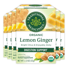 Traditional Medicinals Lemon Ginger tea box front shows organic blend for digestive support