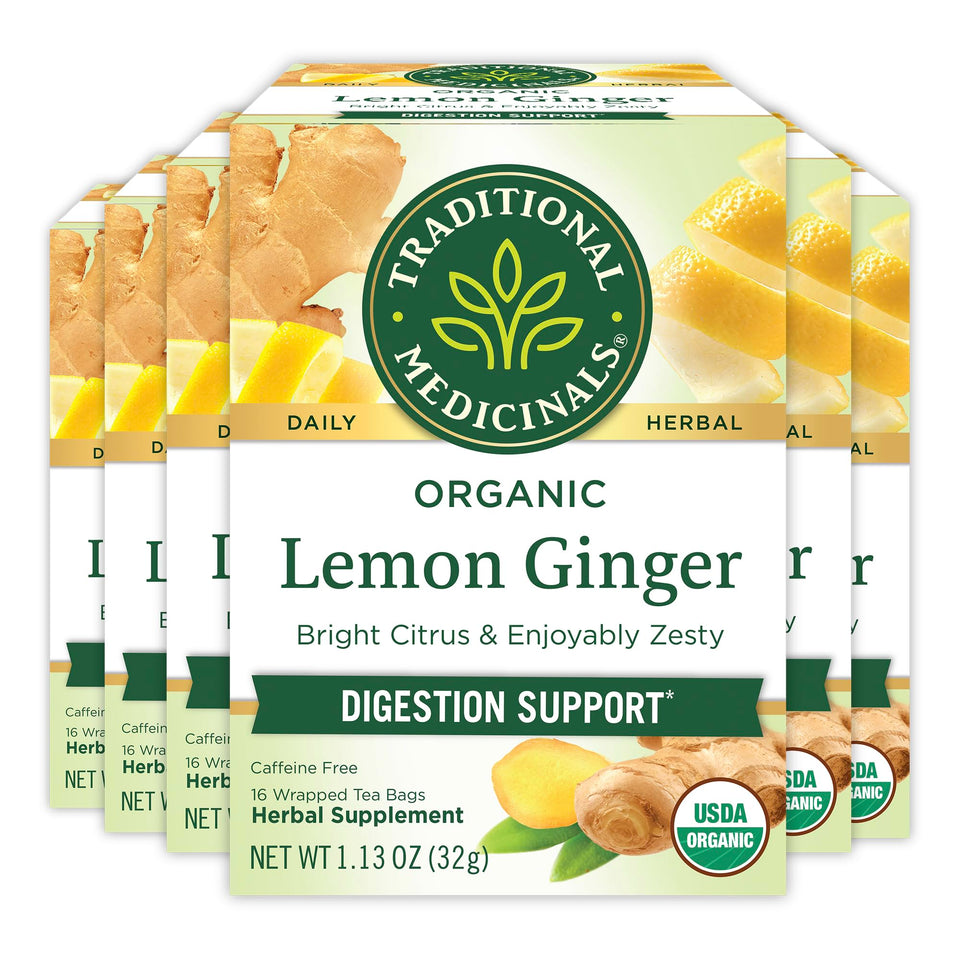 Traditional Medicinals Lemon Ginger tea box front shows organic blend for digestive support