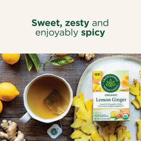 Traditional Medicinals Lemon Ginger tea package detail highlights compostable bags for greener brewing