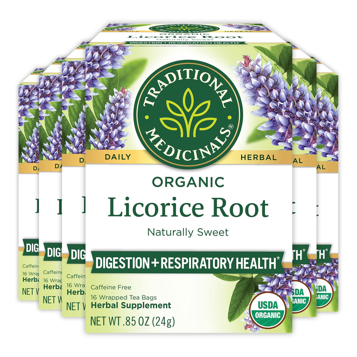 Traditional Medicinals licorice root tea bags show a sweet, earthy aroma for digestive comfort