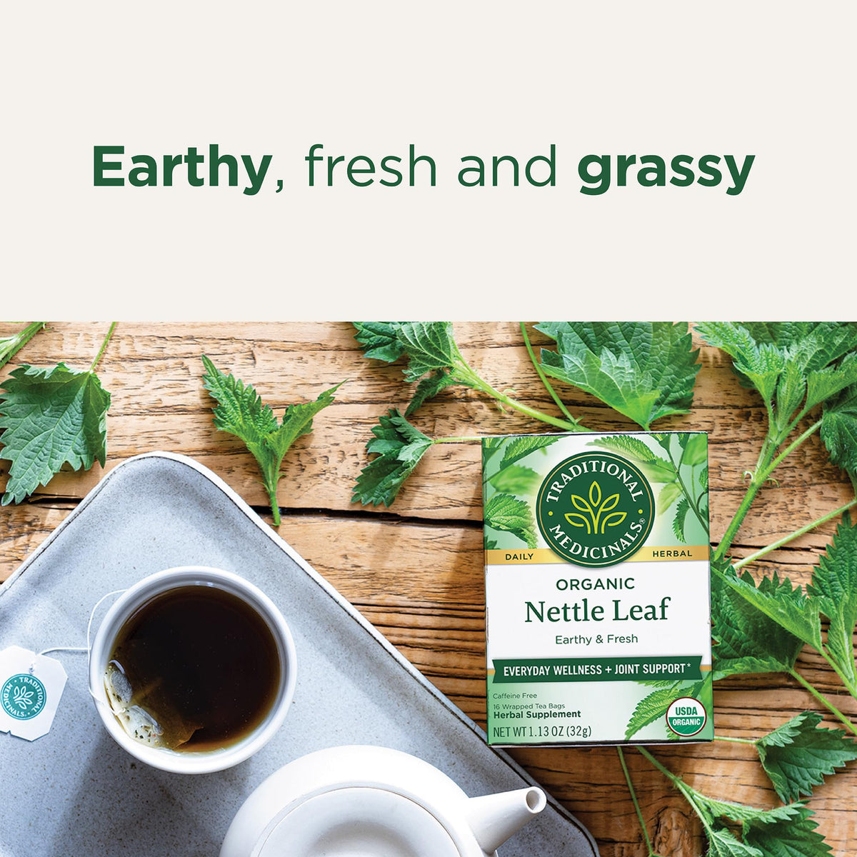Traditional Medicinals nettle tea cup with steeping infusion and earthy aroma