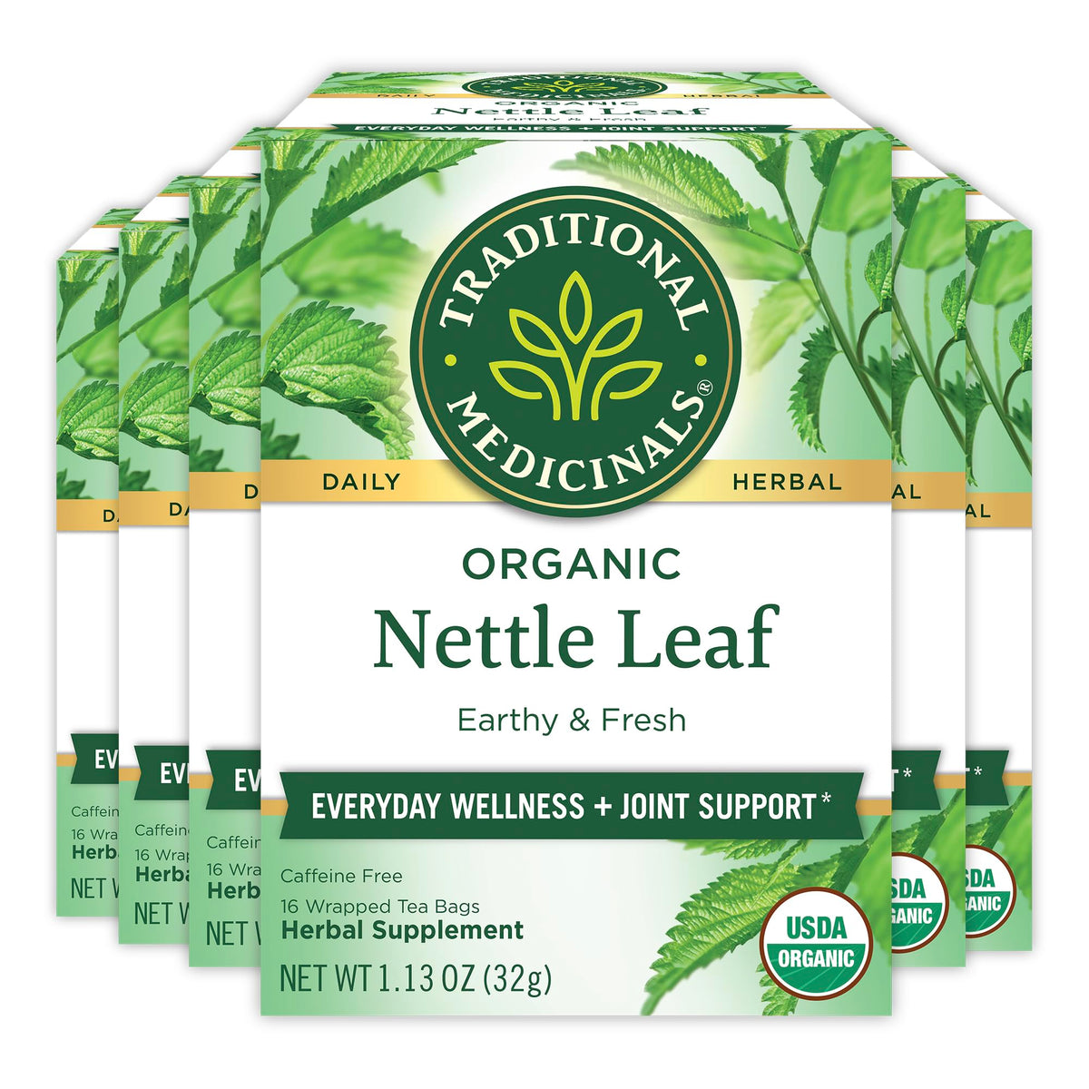Traditional Medicinals nettle tea pack overview showing organic ingredients
