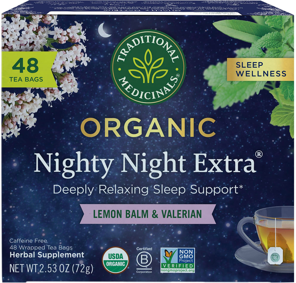 Traditional Medicinals Nighty Night Extra tea bags packaging front view for a calming evening ritual.
