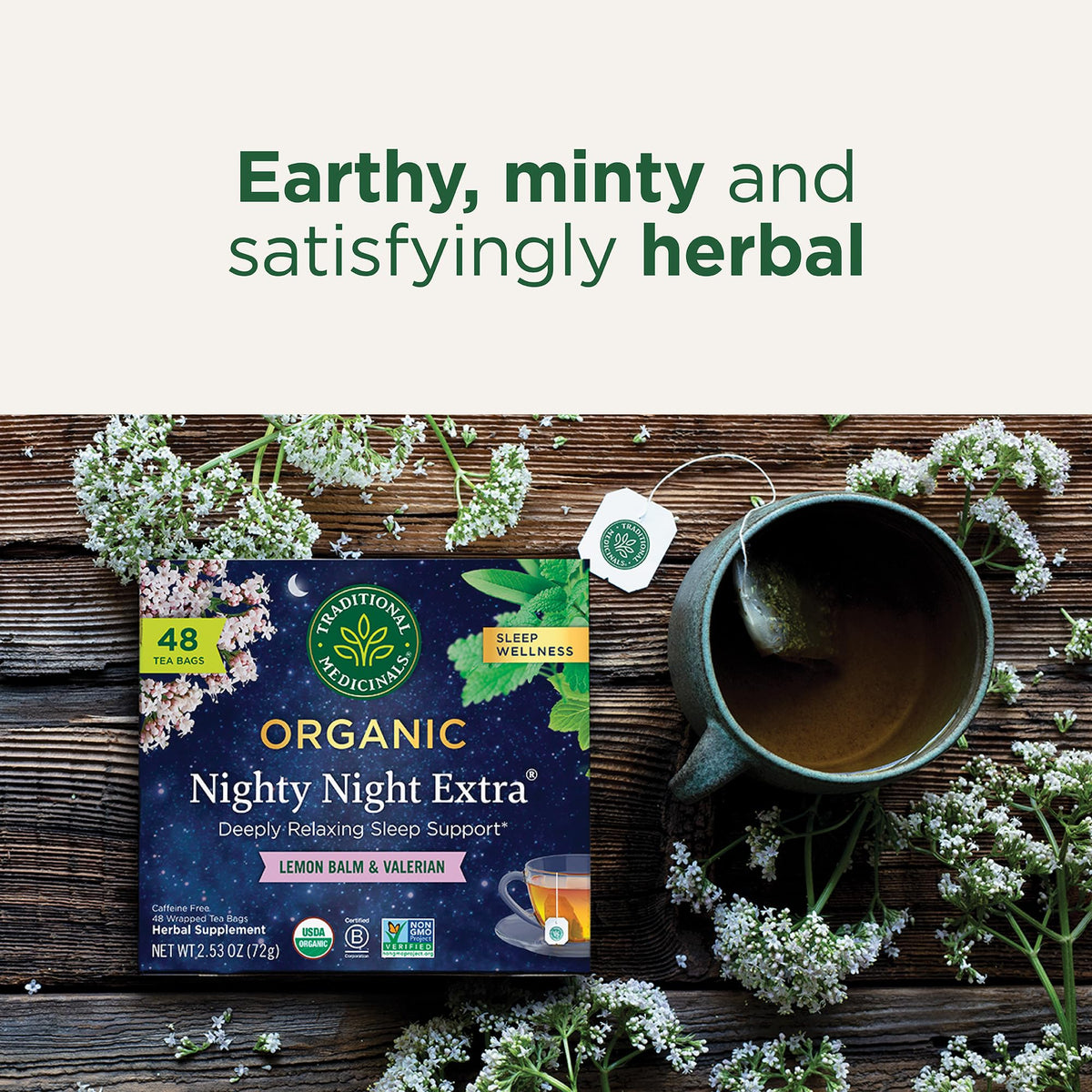 Traditional Medicinals Nighty Night Extra 48-tea-bags carton shown in packaging.