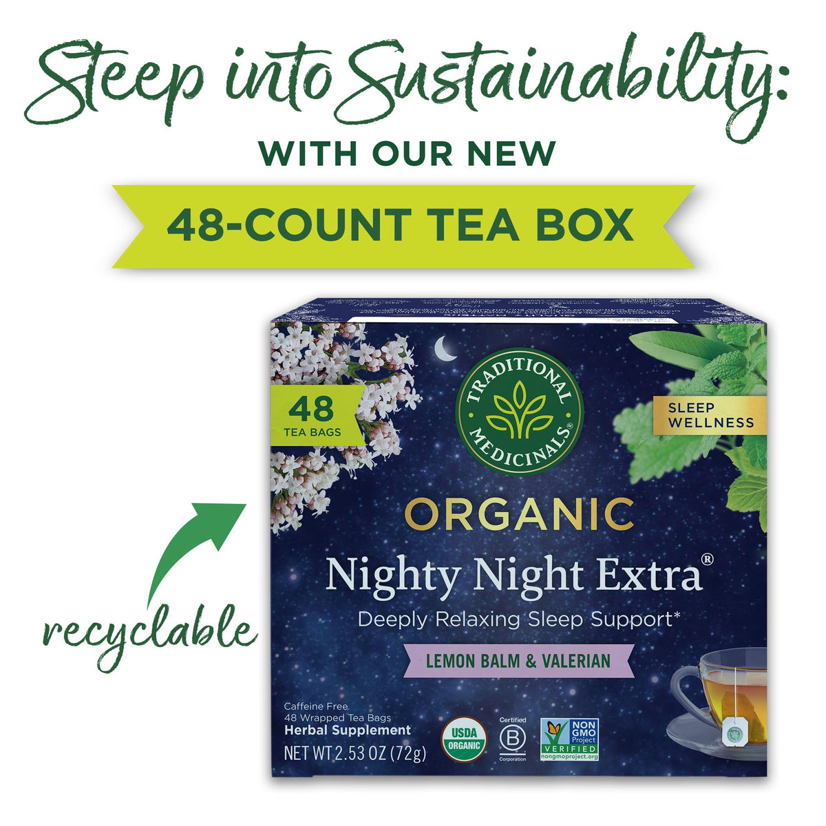 Traditional Medicinals Nighty Night Extra valerian leaf close-up for relaxation support.