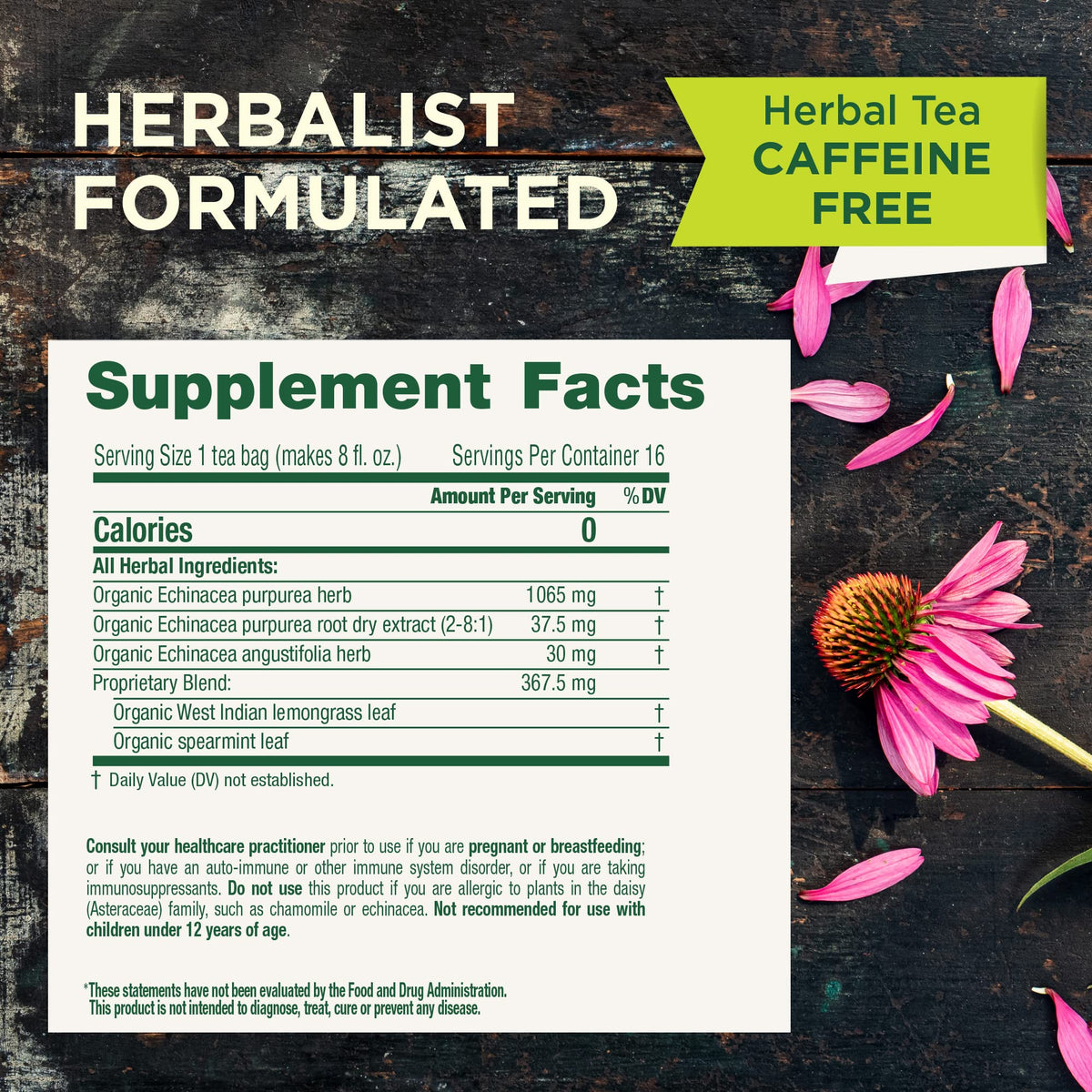 Traditional Medicinals Non-GMO Echinacea Plus tea box on counter