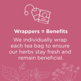 Traditional Medicinals organic certifications badges on raspberry leaf tea packaging.