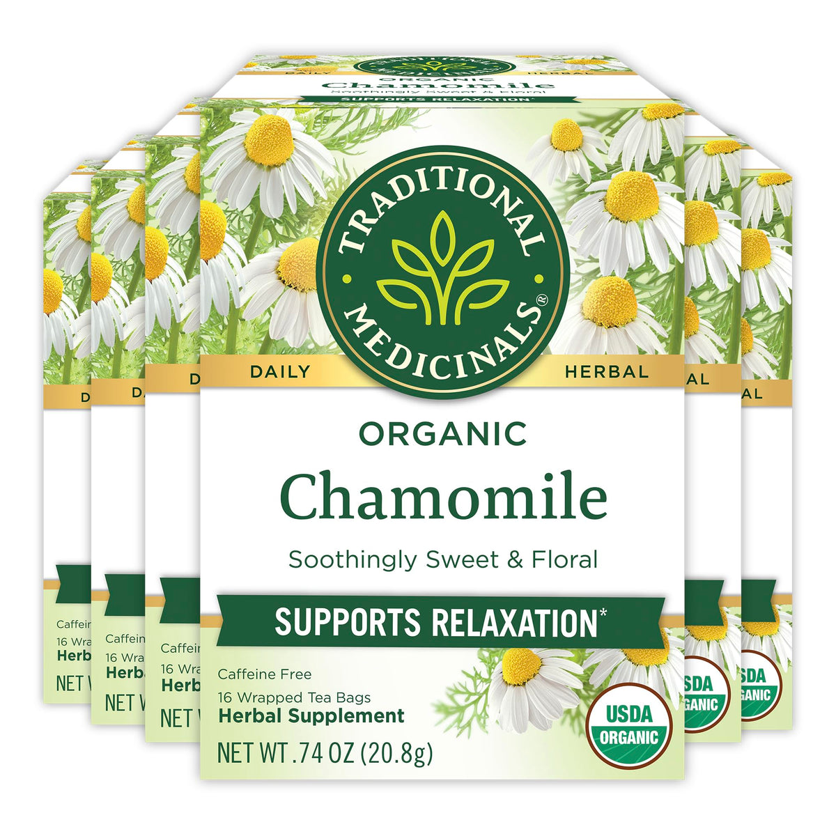 Traditional Medicinals organic chamomile tea box six-pack ready for a calming evening.