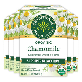 Traditional Medicinals organic chamomile tea box six-pack ready for a calming evening.