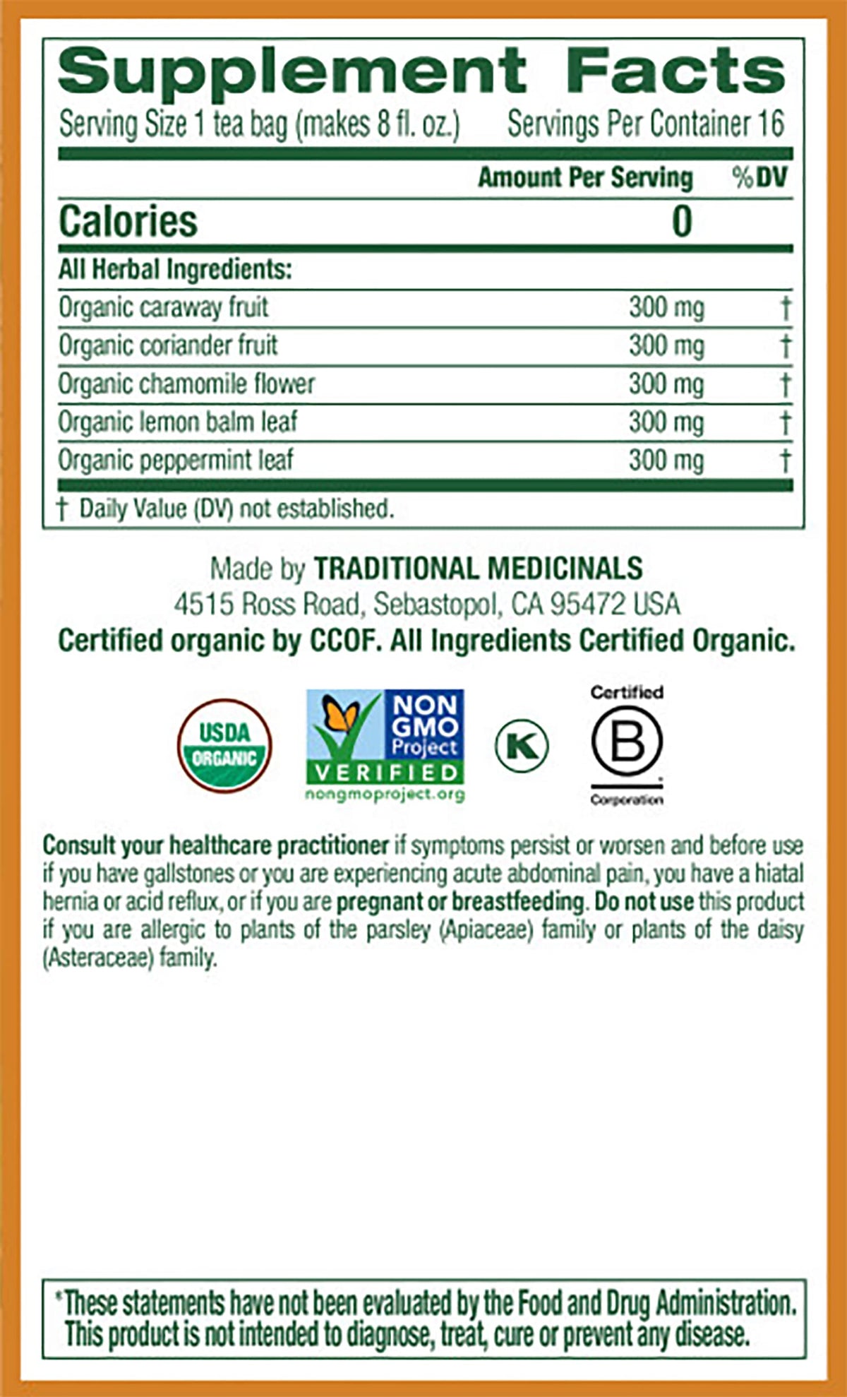 Brewing Traditional Medicinals Organic Gas Relief Chamomile Mint Tea in hot water.