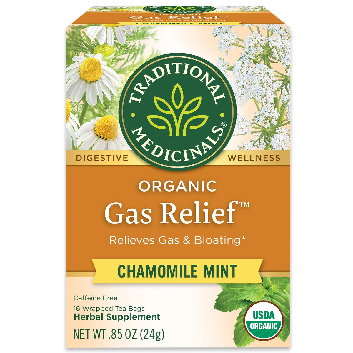 Traditional Medicinals Tea cup steaming with Organic Gas Relief Chamomile Mint Tea aroma.