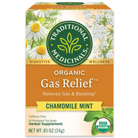 Traditional Medicinals Tea cup steaming with Organic Gas Relief Chamomile Mint Tea aroma.