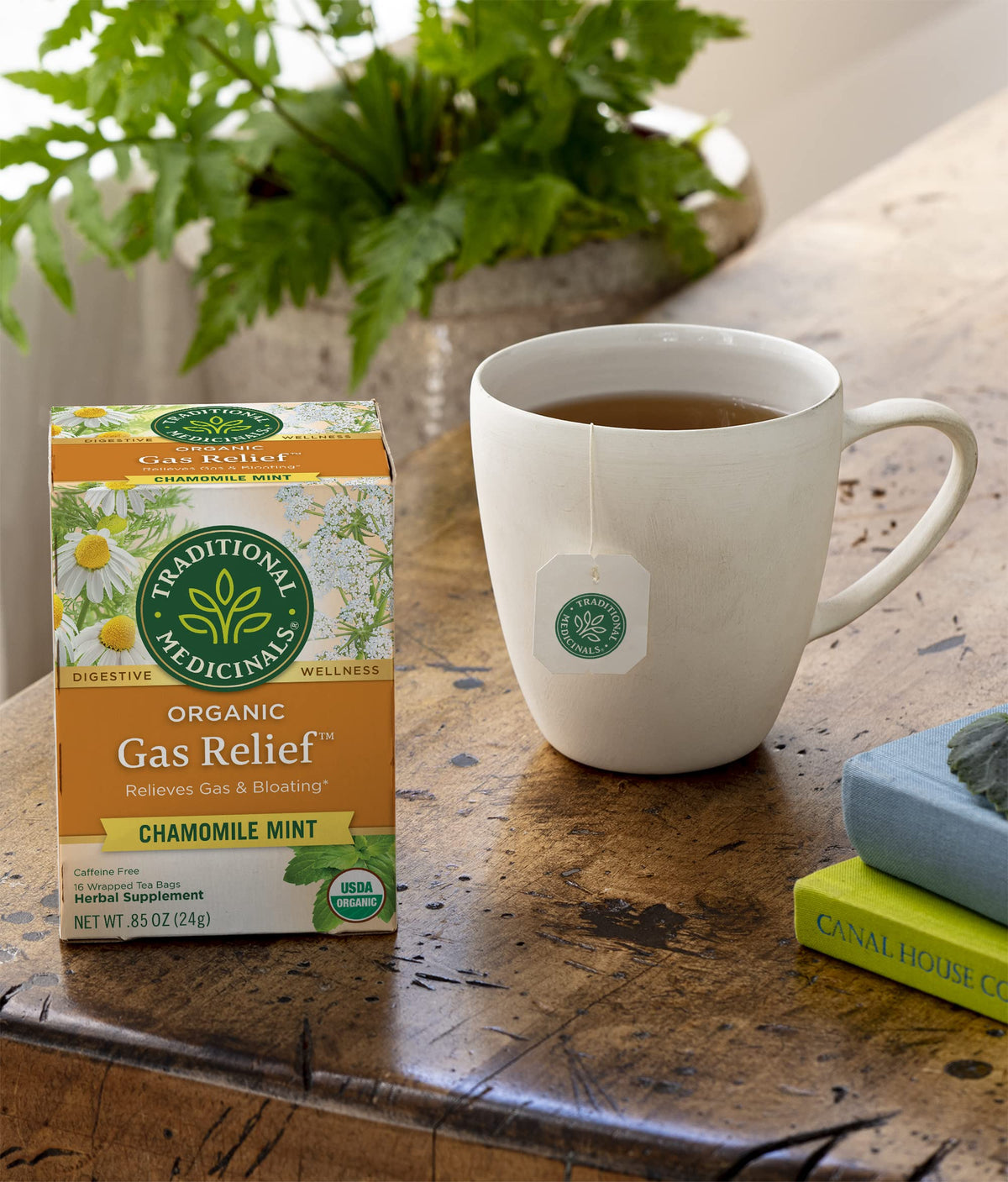 Cup with steam featuring Traditional Medicinals Organic Gas Relief Chamomile Mint Tea.
