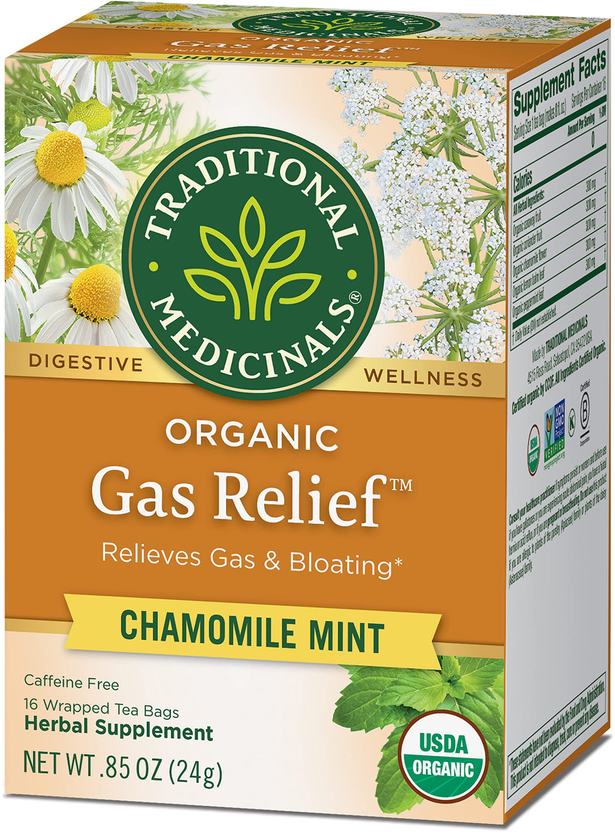 Ingredients of Traditional Medicinals Organic Gas Relief Chamomile Mint Tea in focus.