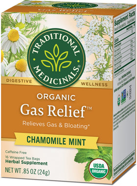Ingredients of Traditional Medicinals Organic Gas Relief Chamomile Mint Tea in focus.
