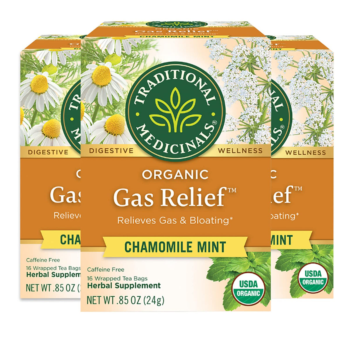 Traditional Medicinals Organic Gas Relief Chamomile Mint Tea 3-pack box offers 48 bags for convenient use.