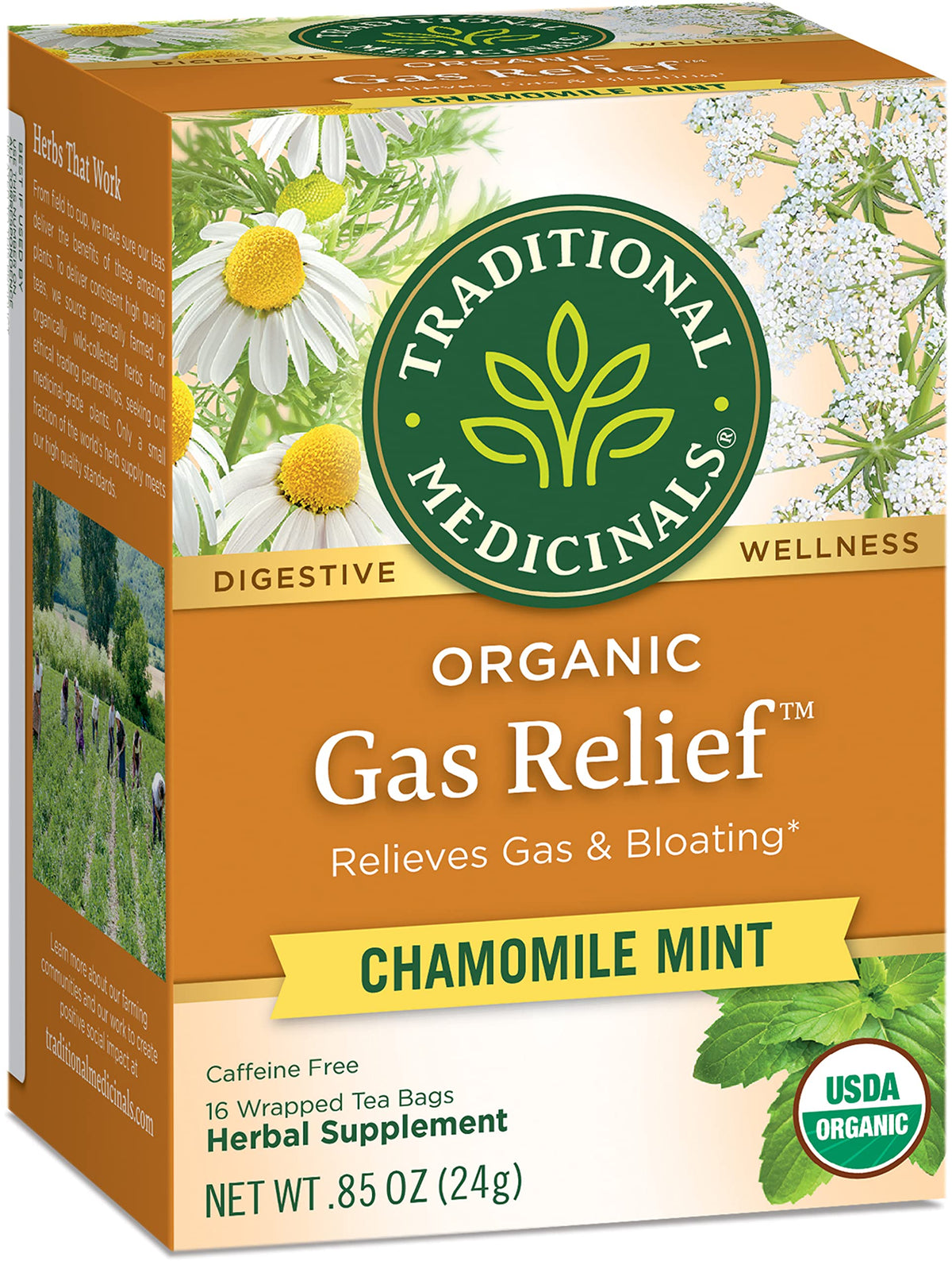 Three-pack sleeve for Traditional Medicinals Organic Gas Relief Chamomile Mint Tea.