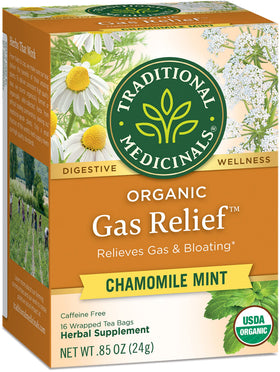 Three-pack sleeve for Traditional Medicinals Organic Gas Relief Chamomile Mint Tea.