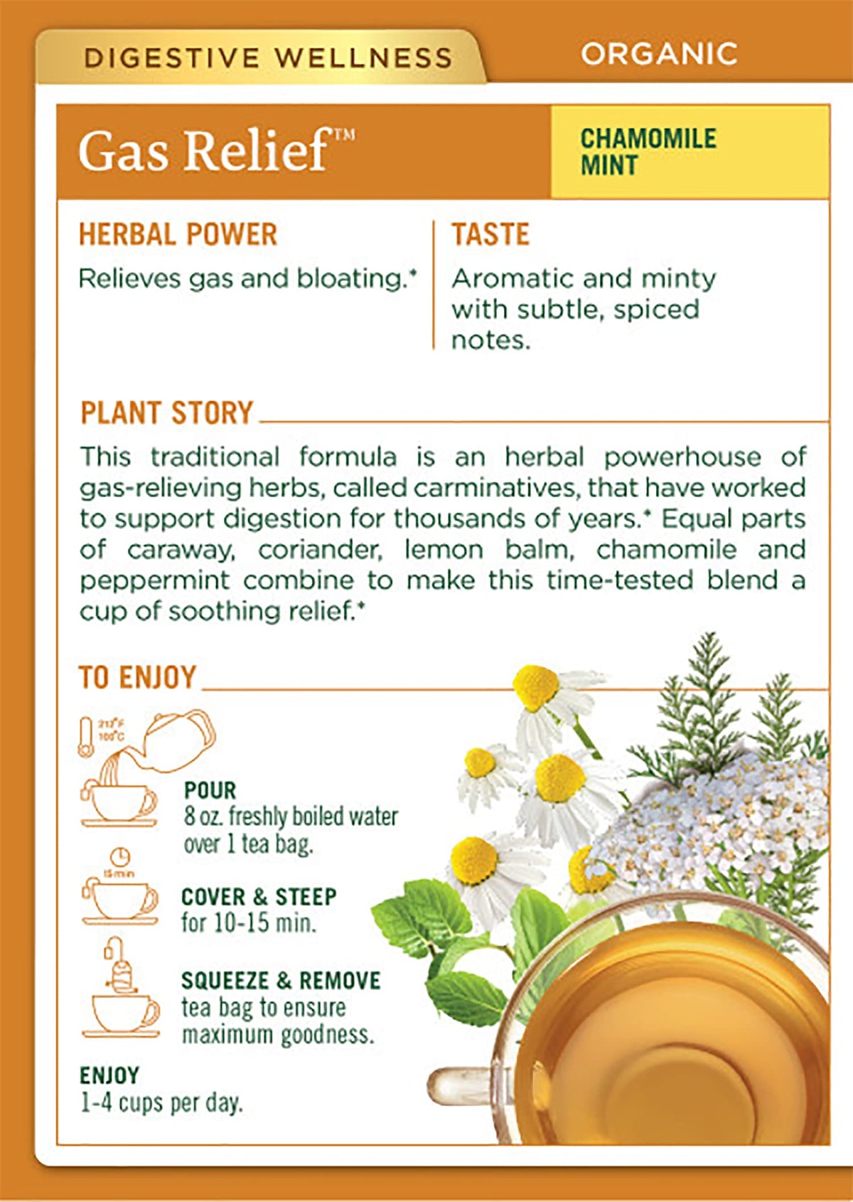 Packaging close-up of Traditional Medicinals Organic Gas Relief Chamomile Mint Tea.