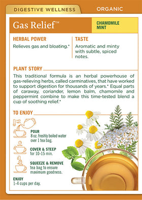 Packaging close-up of Traditional Medicinals Organic Gas Relief Chamomile Mint Tea.