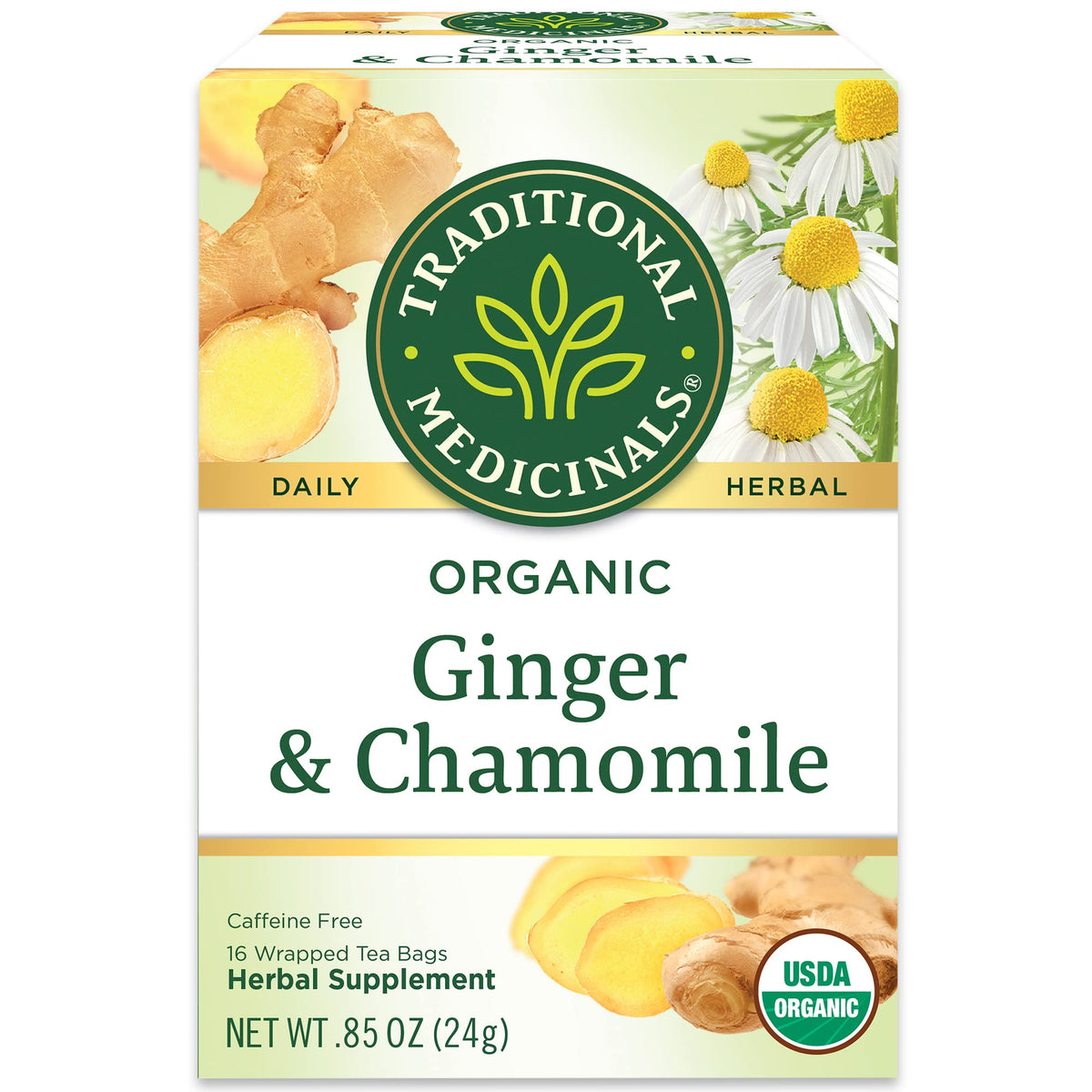 Traditional Medicinals Ginger & Chamomile tea bags closeup ready to brew for digestion support.