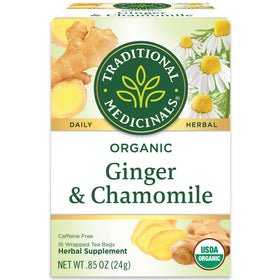 Traditional Medicinals Ginger & Chamomile tea bags closeup ready to brew for digestion support.