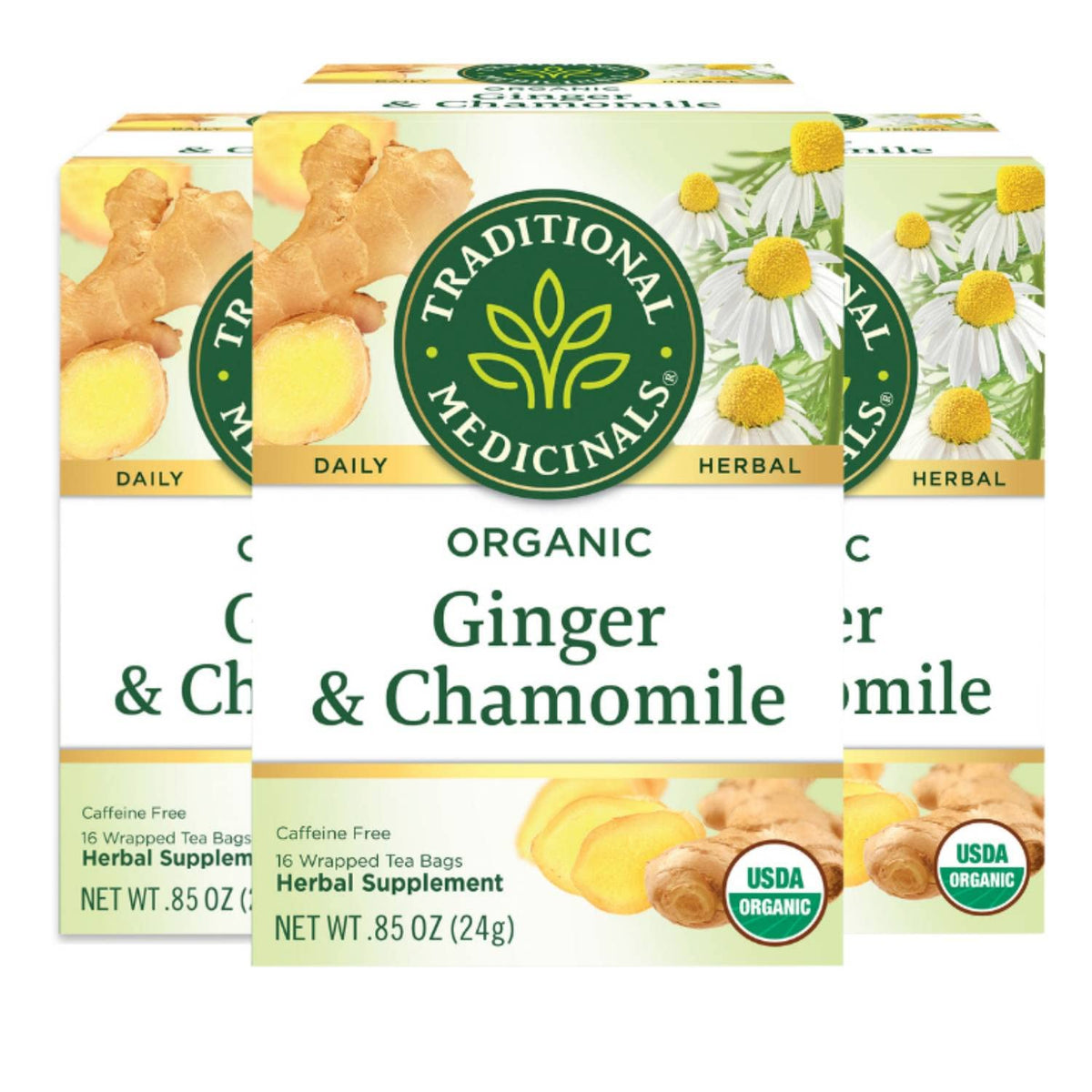 Traditional Medicinals Organic Ginger & Chamomile tea boxes in a 3-pack, ideal for post-meal comfort.