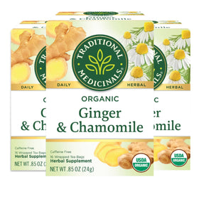 Traditional Medicinals Organic Ginger & Chamomile tea boxes in a 3-pack, ideal for post-meal comfort.