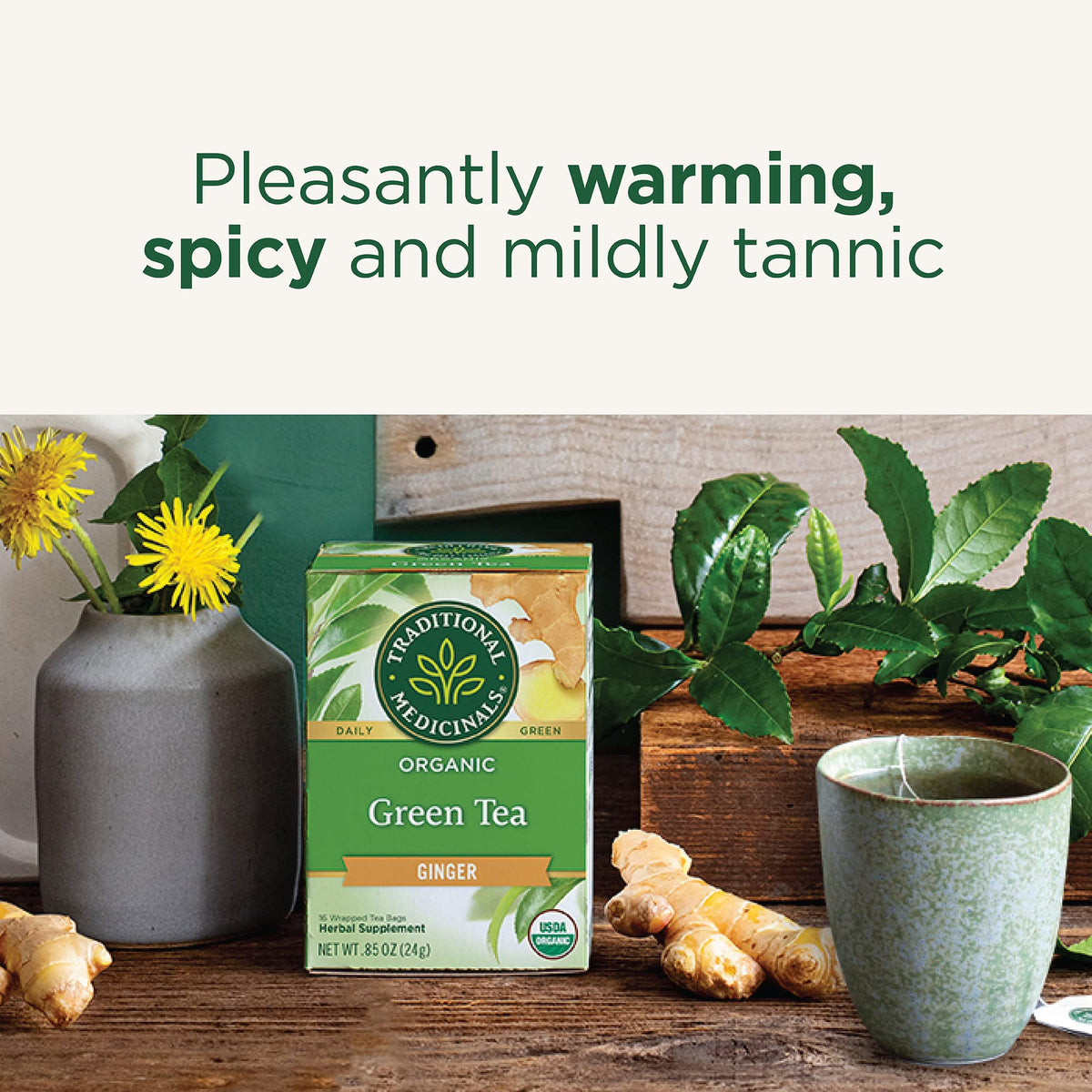Traditional Medicinals organic green tea label: highlights certified organic ingredients and quality.
