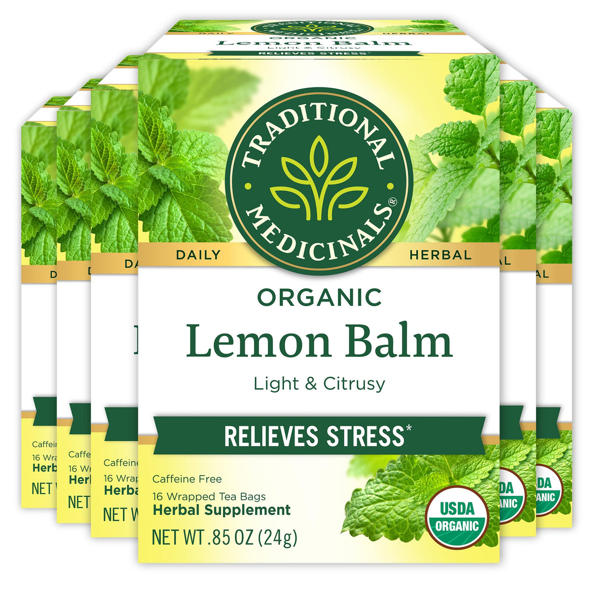 Traditional Medicinals lemon balm tea bags in box ready to brew a calming moment.