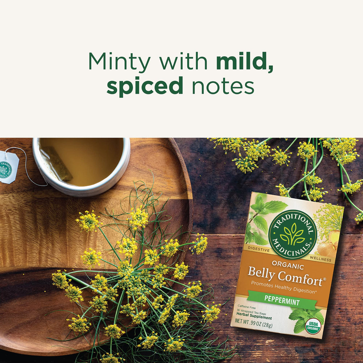 Traditional Medicinals Organic Peppermint Leaves showcase fresh notes aiding gentle digestion.