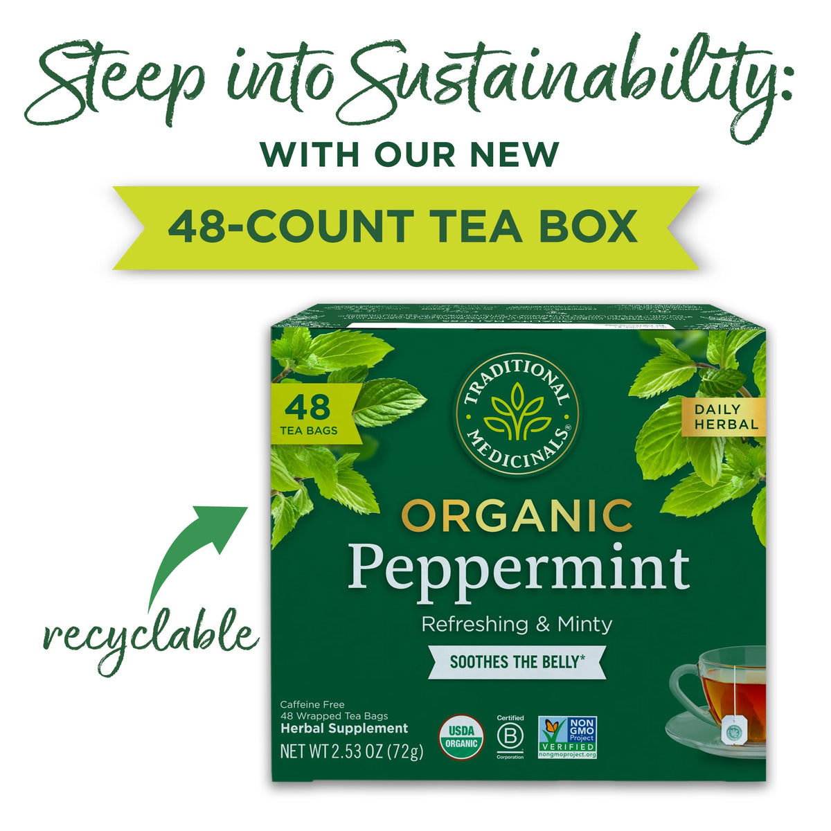 Traditional Medicinals Organic Peppermint Tea cup, fresh mint aroma with a soothing finish.
