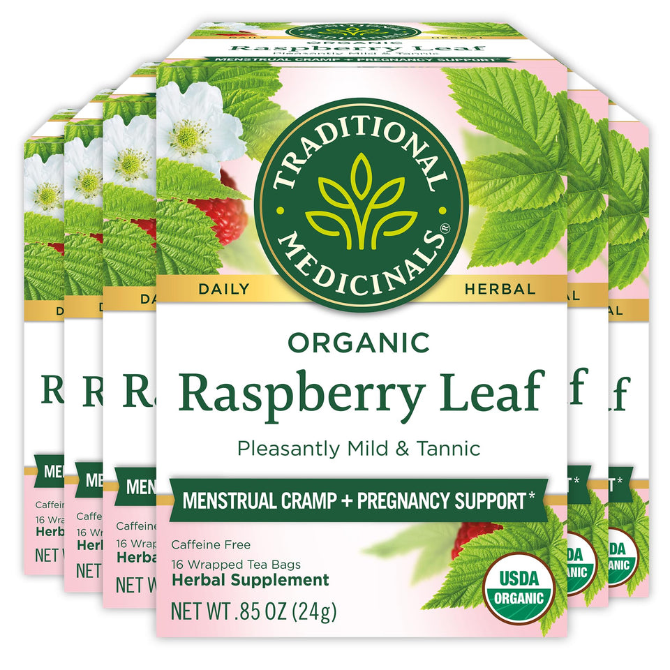 Traditional Medicinals Organic Raspberry Leaf Tea box showing six-pack packaging for daily wellness.