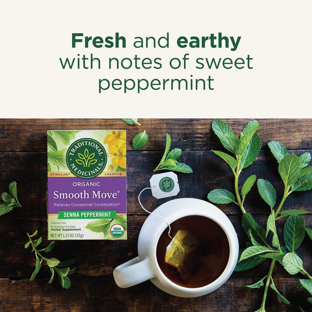 Steaming cup of Traditional Medicinals Smooth Move peppermint tea